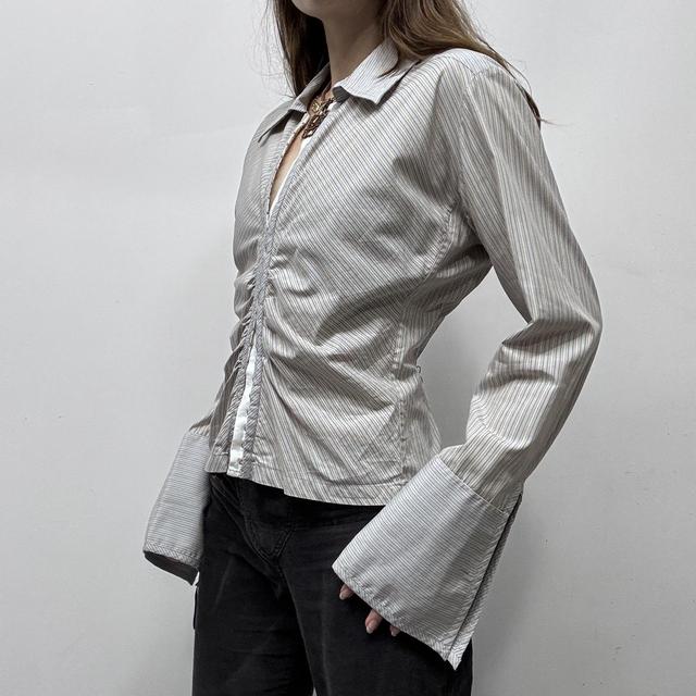 Corset gathered pinstripe flared office shirt