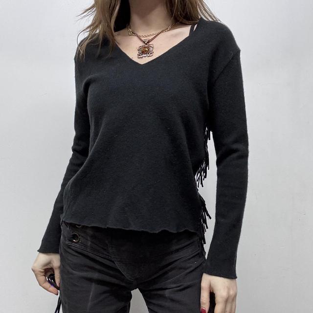Black wool knit fitted tassel jumper