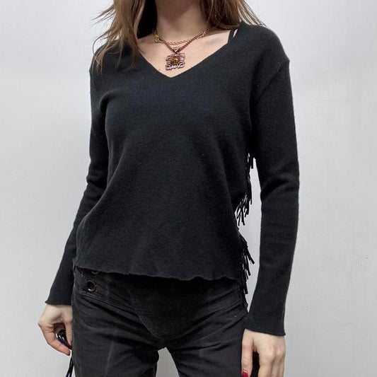 Black wool knit fitted tassel jumper
