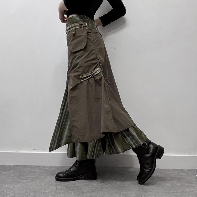 Khaki pinstripe asymmetric layered maxi skirt