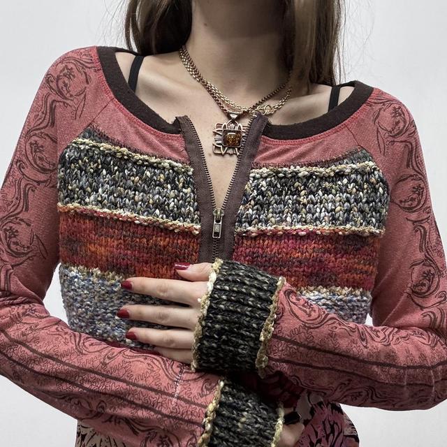 Graphic patterned sheer zip cardigan