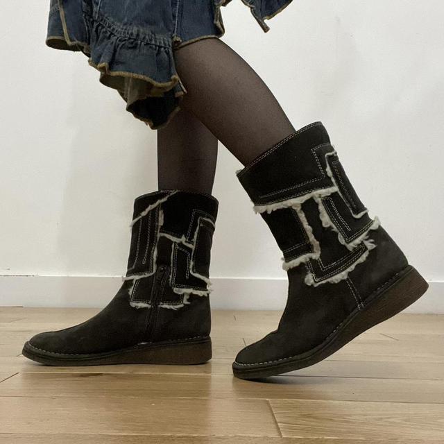 Brown patchwork suede biker boots