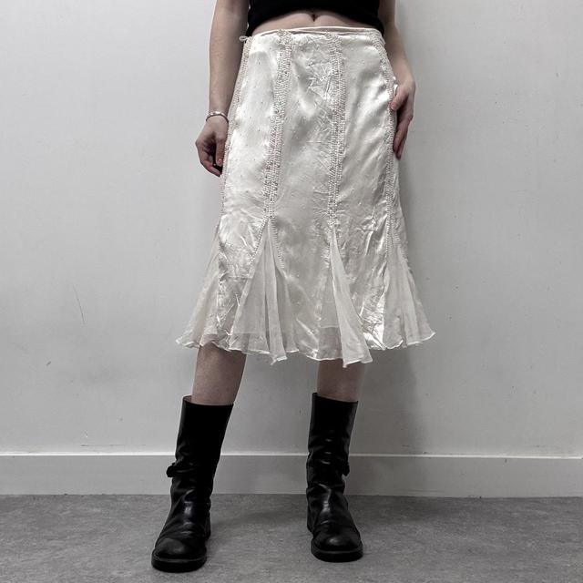 White flared flutter beaded midi skirt