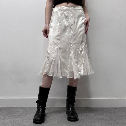 White flared flutter beaded midi skirt