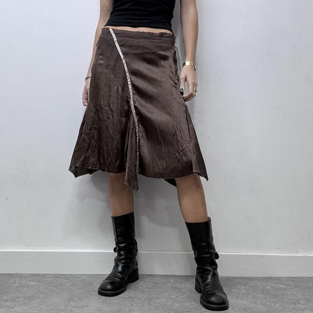Brown satin asymmetric ribbon midi skirt