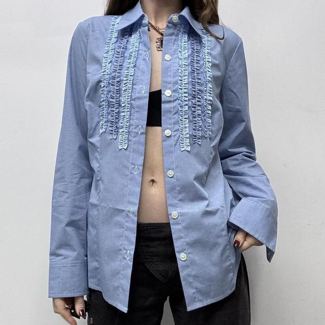 Blue pinstripe ruffle shirt