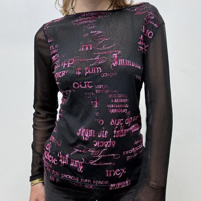 Sheer black micro mesh text top