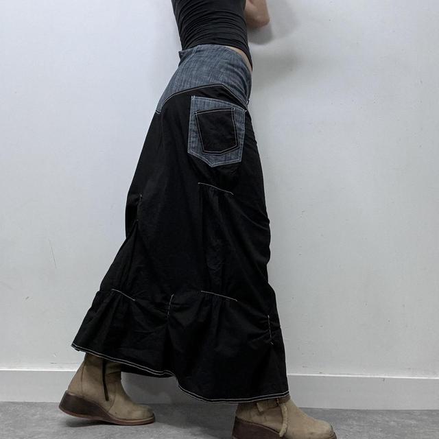 Denim panelled ruched maxi skirt