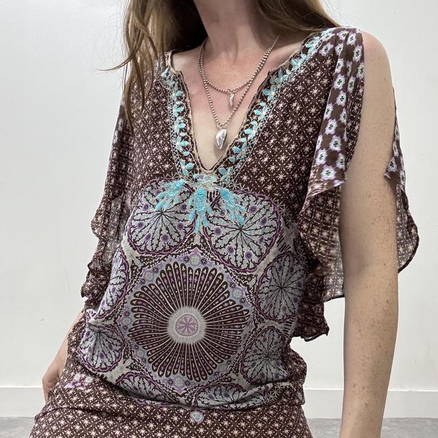 Brown silk patterned beach dress