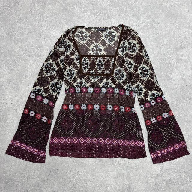 Boho flared brown micro mesh top