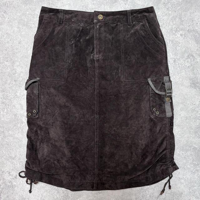 Brown suede cargo midi skirt