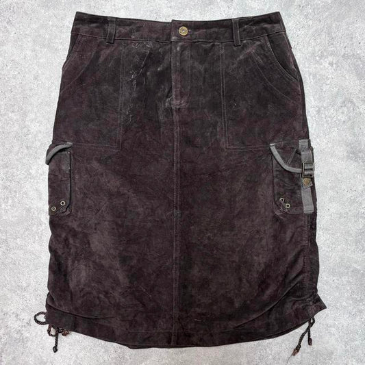 Brown suede cargo midi skirt