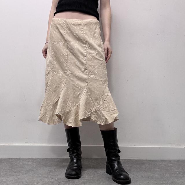 Tan flared embroidered midi skirt