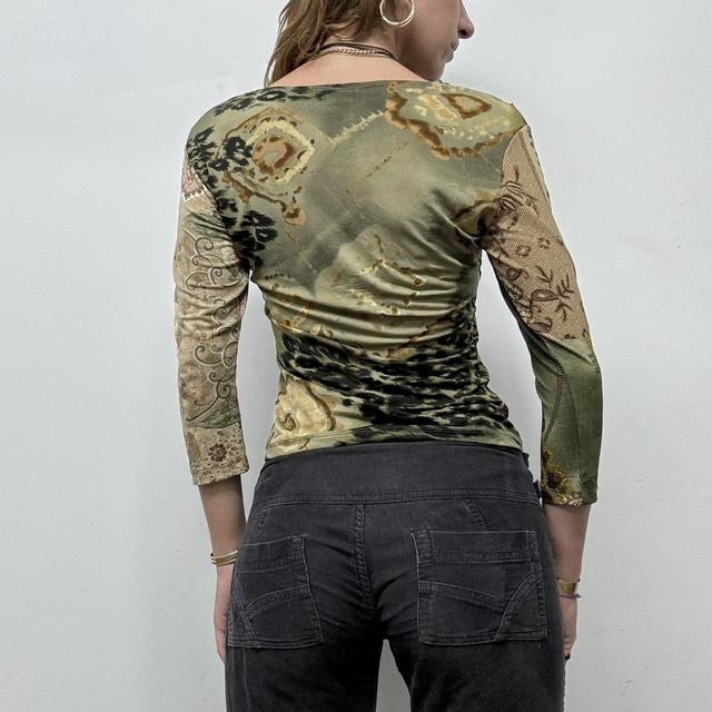 Sheer graphic khaki long sleeve top
