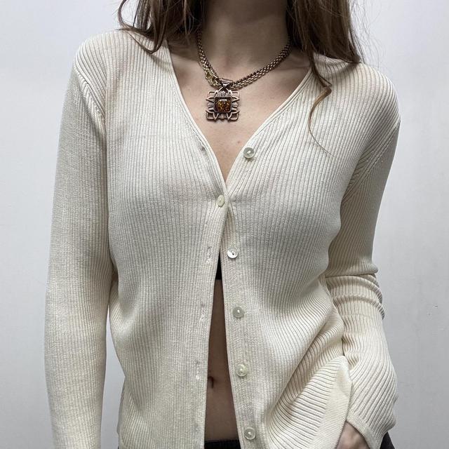 Cream ribbed shouchy silk knit cardigan