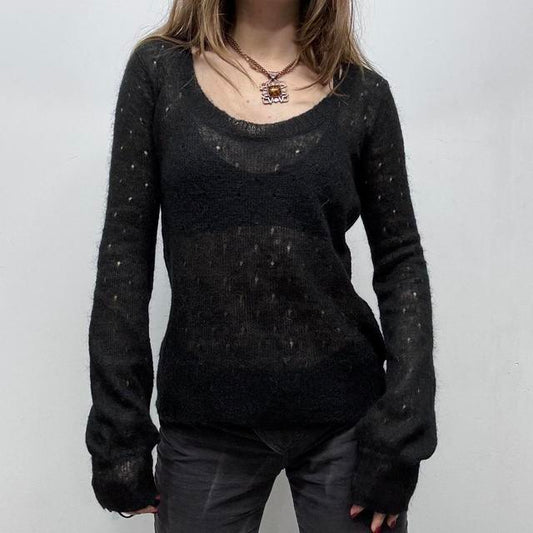 Black sheer mohair pointelle knit jumper