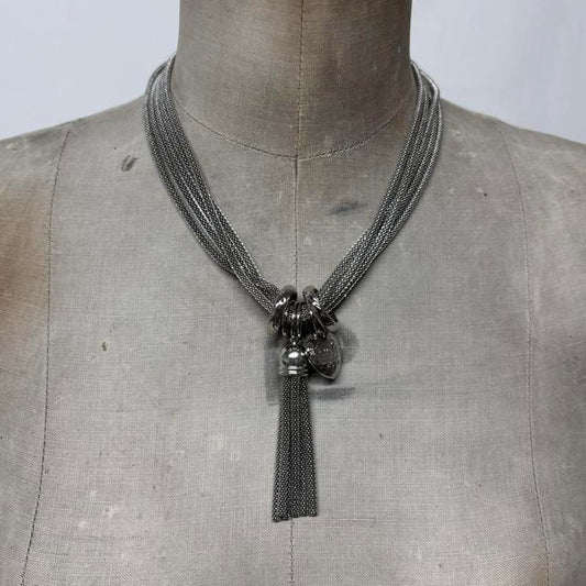 Layered chunky silver chain tassle necklace