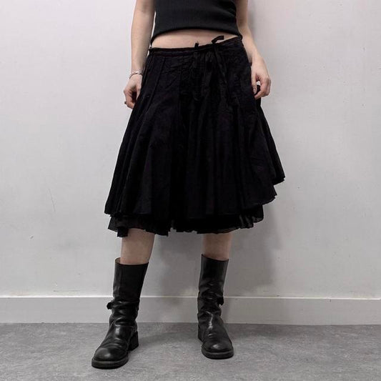 Black pleated flare printed midi skirt