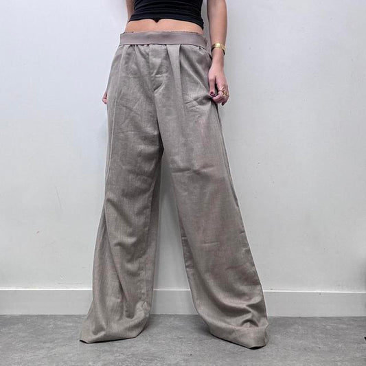 Beige oversized wide leg wool trousers