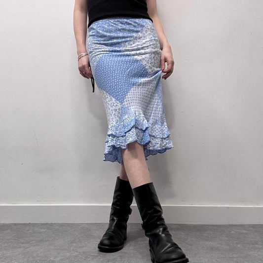 Patchwork floral printed bias cut midi skirt