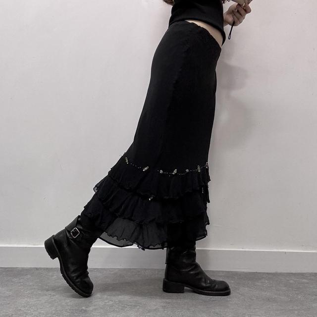 Black layered silk bow midi skirt