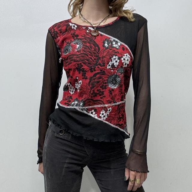 Black mesh red floral top