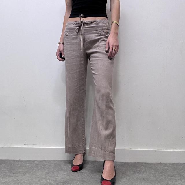 Beige flared wide leg linen trousers