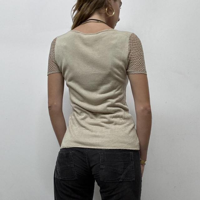 Brown sheer lace crochet bow knit top