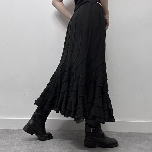 Black layered ruffle gothic midi skirt