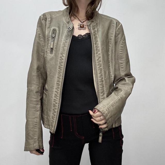 Distressed khaki vegan leather jacket