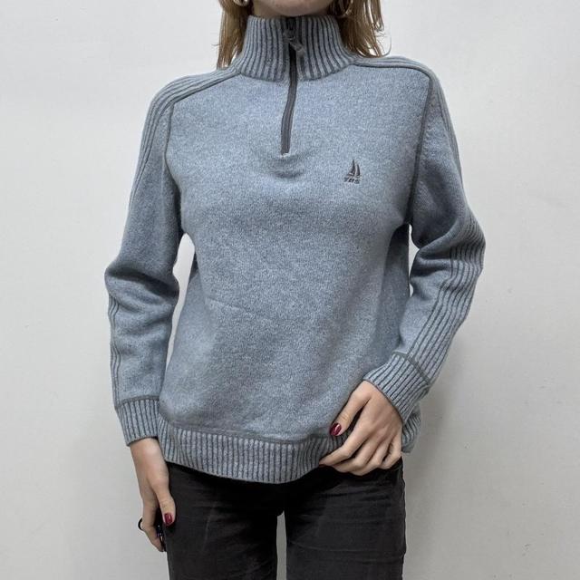 Blue wool ribbed 1/4 knit zip