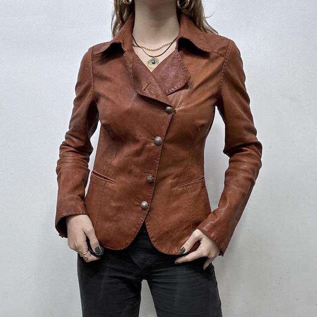 Brown leather asymmetric military  jacket