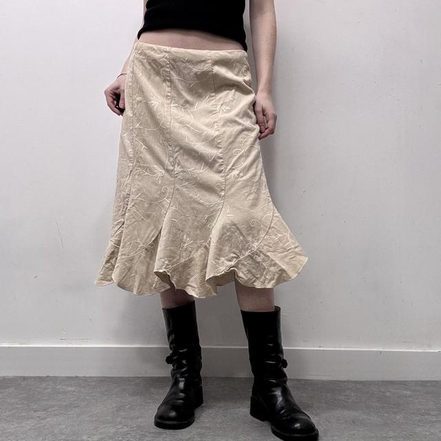 Tan flared embroidered midi skirt