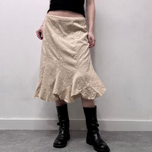 Tan flared embroidered midi skirt