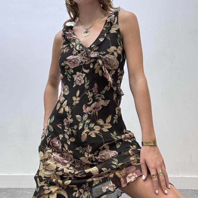 Black sheer ruffle floral printed midi dress