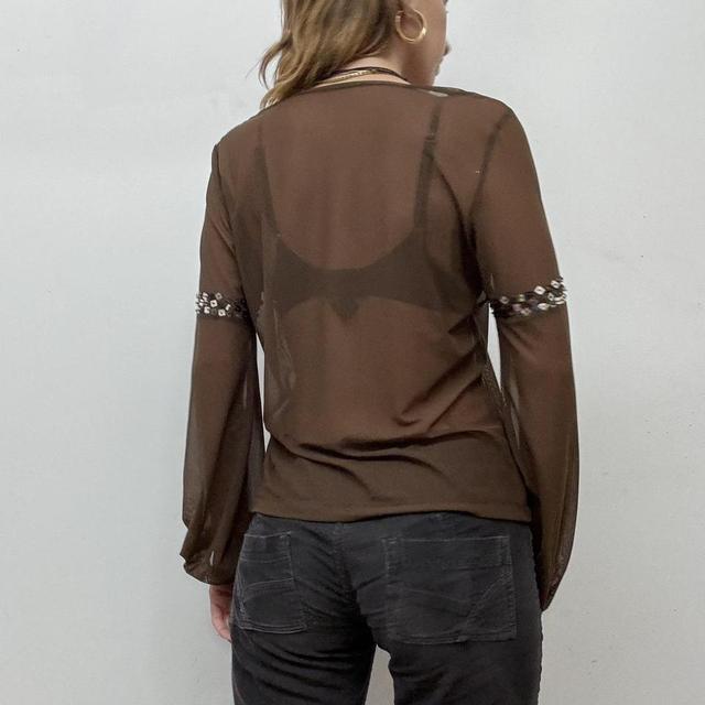 Sheer mesh brown puff sleeve blouse