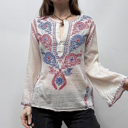 White cotton embroidered flared shirt