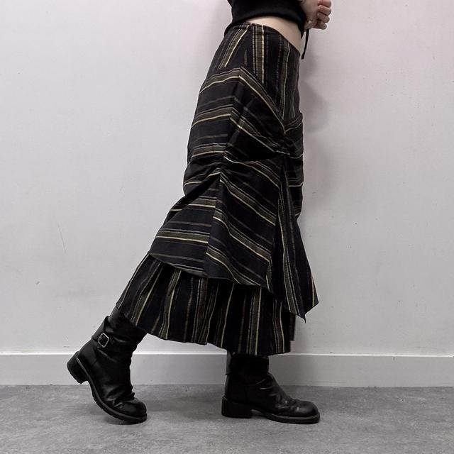 Pinstripe asymmetric ruched midi skirt