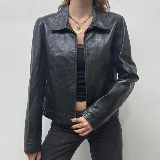 Black boxy leather jacket