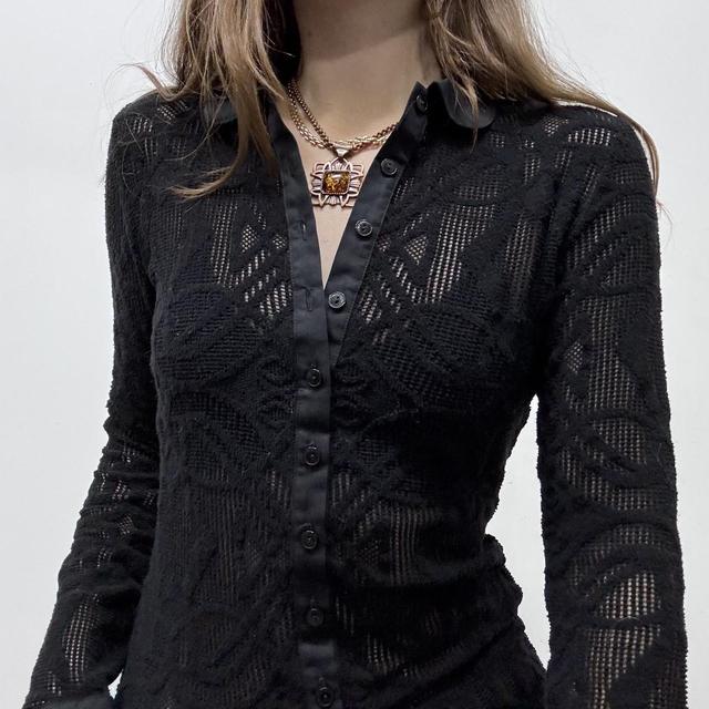 Sheer lace mesh flared black shirt