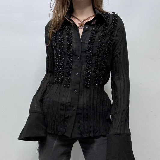 Sheer crinkle flared black gothic shirt