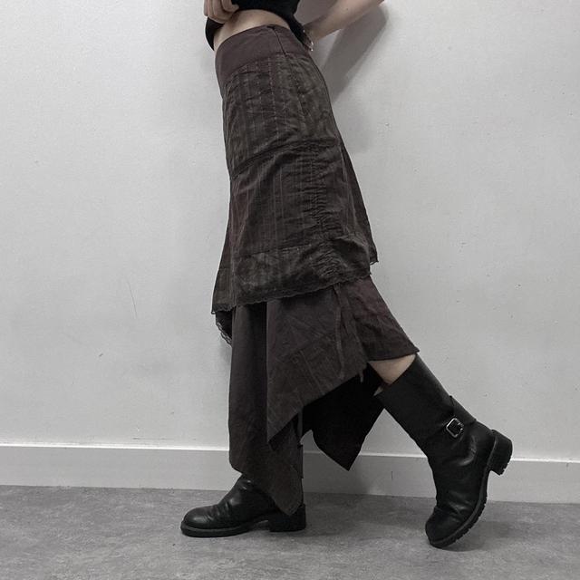 Asymmetric brown pinstripe layered maxi skirt
