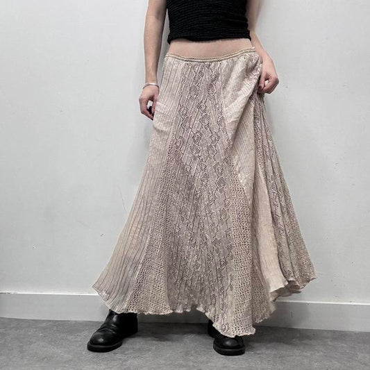 Beige lace flared pinstripe maxi skirt