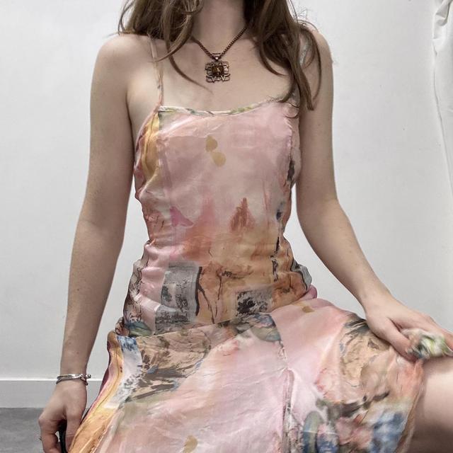 Sheer pink flutter graphic handkerchief dress