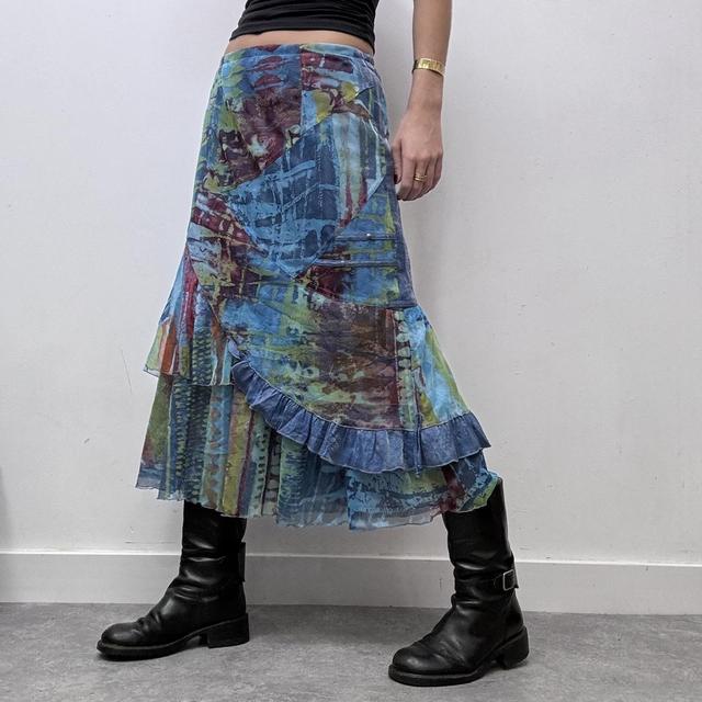 Blue printed graphic mesh y2k midi skirt