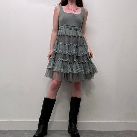 Flared lace mesh ruffle dress