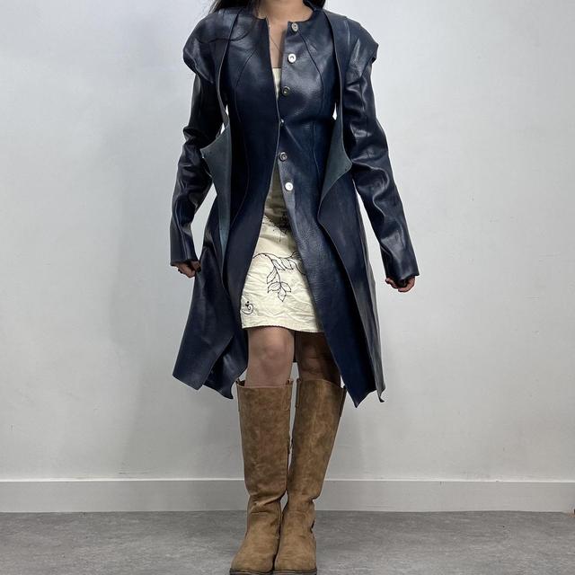 Blue leather archival trench jacket