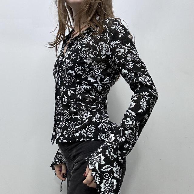 Black floral sheer mesh lace shirt
