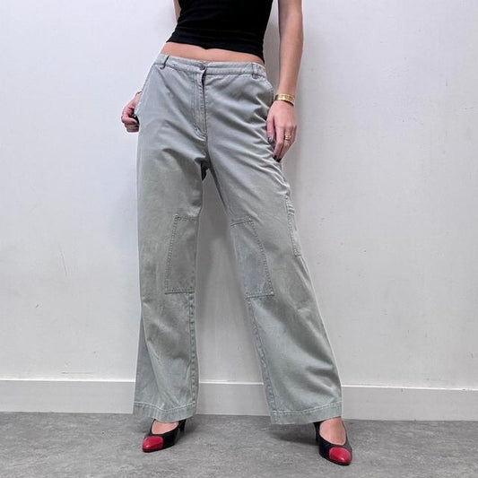 Wide leg flared khaki distressed utility trousers