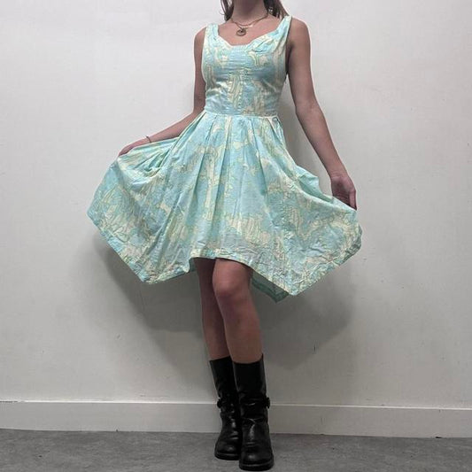 Blue graphic printed balloon puff midi dress